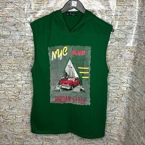 Y2K Sleeveless Hoodie Graphic Tee NYC Streetwear Green Tank XL Mens